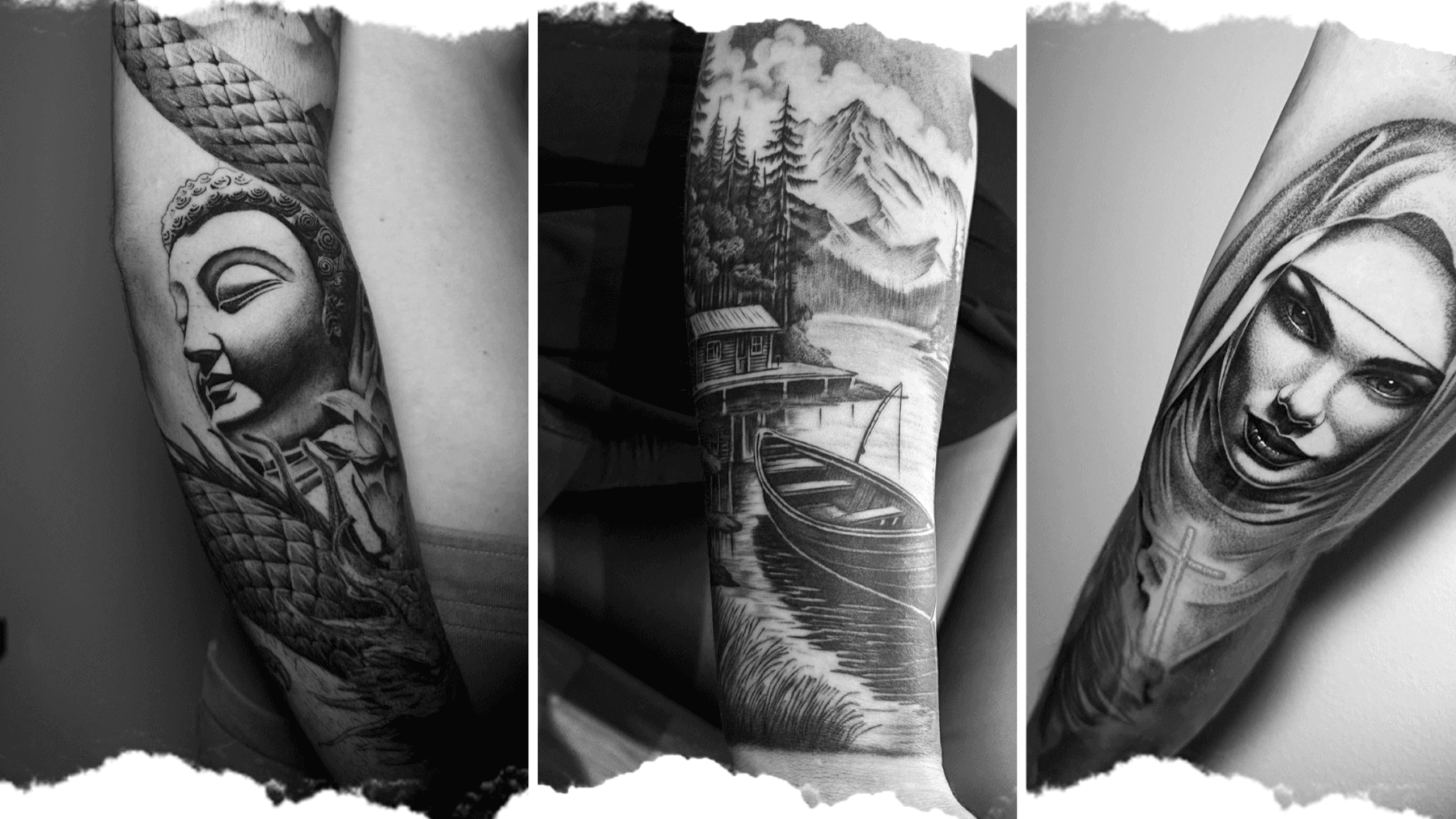 Three black and grey realism tattoo examples